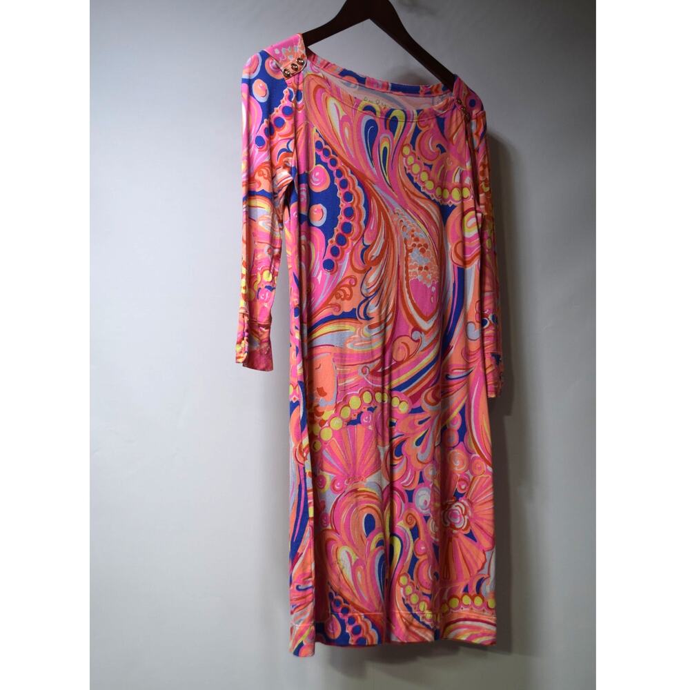 Lilly Pulitzer Medium Coral Pink Blue Paisley Print 3/4 Sleeve Shift Dress